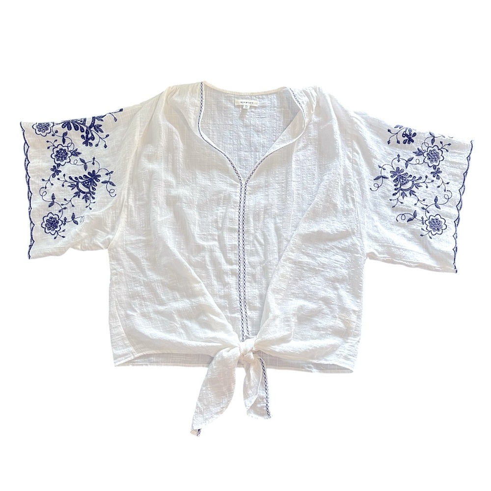 Max Studio Womens Blouse XL White Floral Embroidered Tie Front Boho Chic Casual